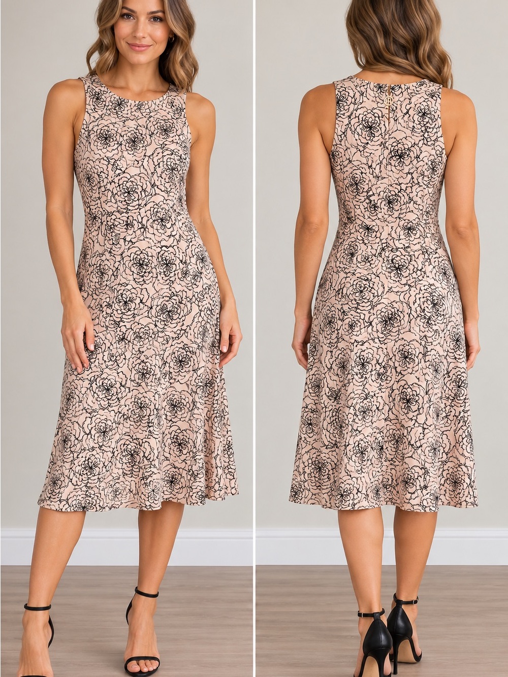 Tommy Hilfiger Blush Pink Black Floral Fit & Flare Midi Dress Size 8